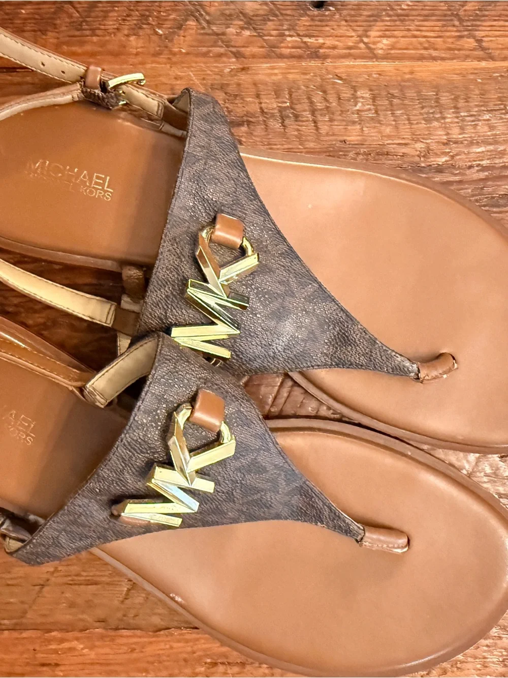 Michael Kors Brown and Gold Logo Sandals